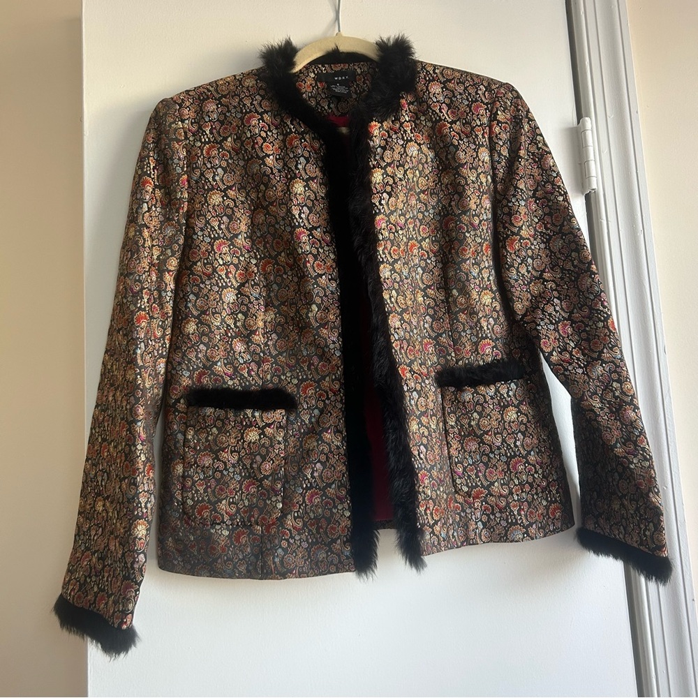 WDNY Women’s Floral Patterned Jacket with Black Faux Fur Trim Size 6 Retro Funky